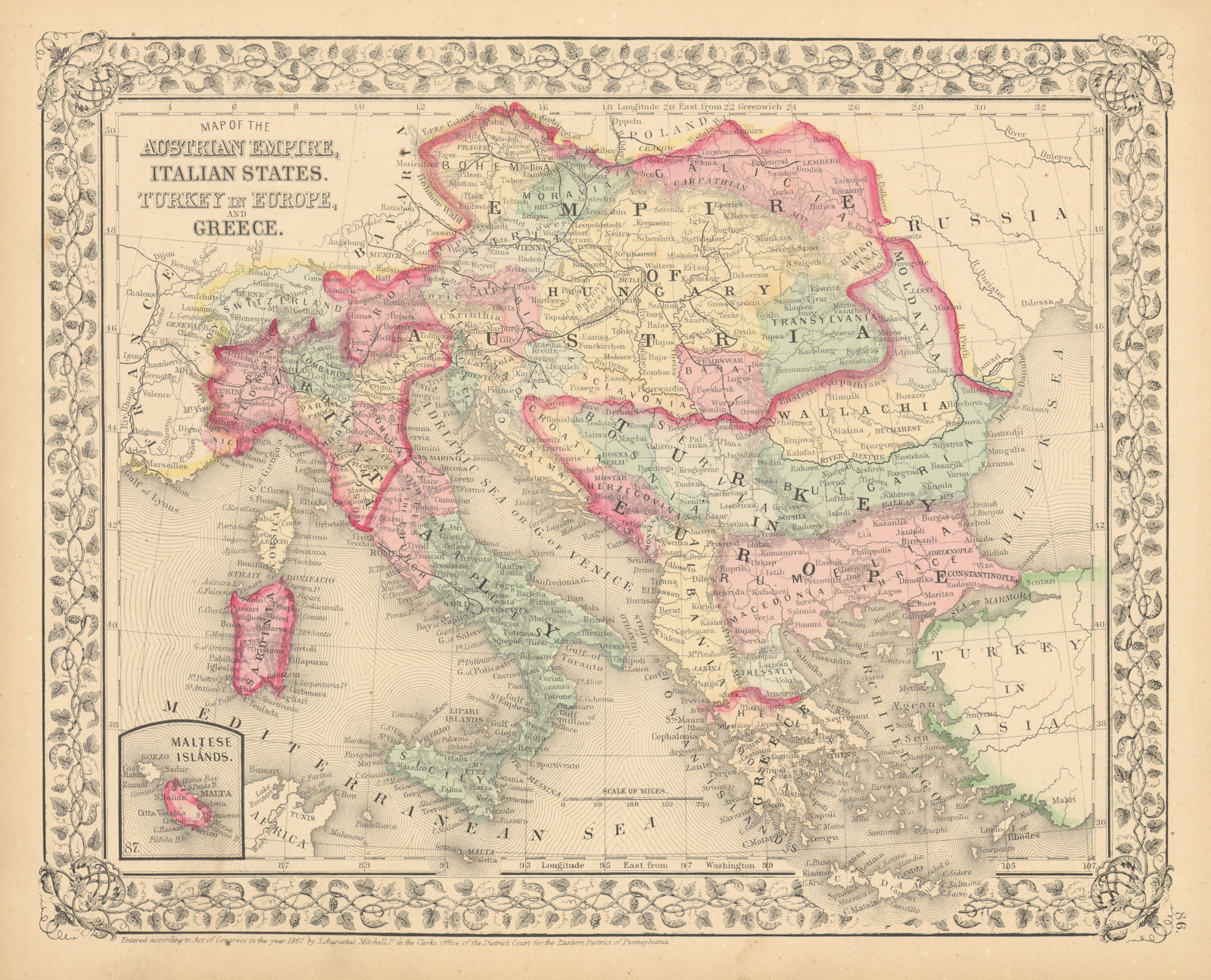 Associate Product Austrian Empire, Italian States, Turkey in Europe & Greece. MITCHELL 1869 map