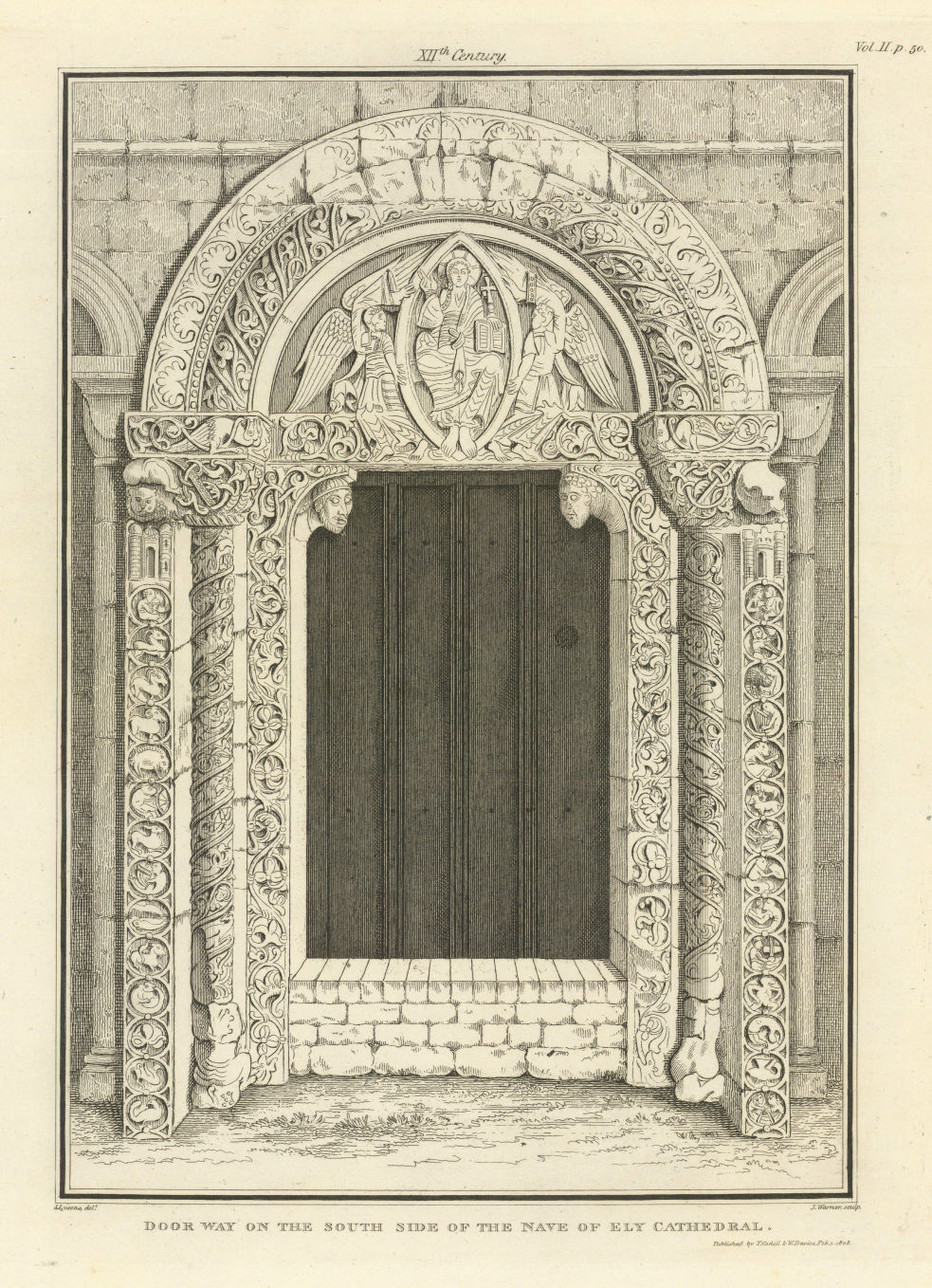 Doorway, on the south side of the nave of Ely Cathedral. LYSONS 1810 old print