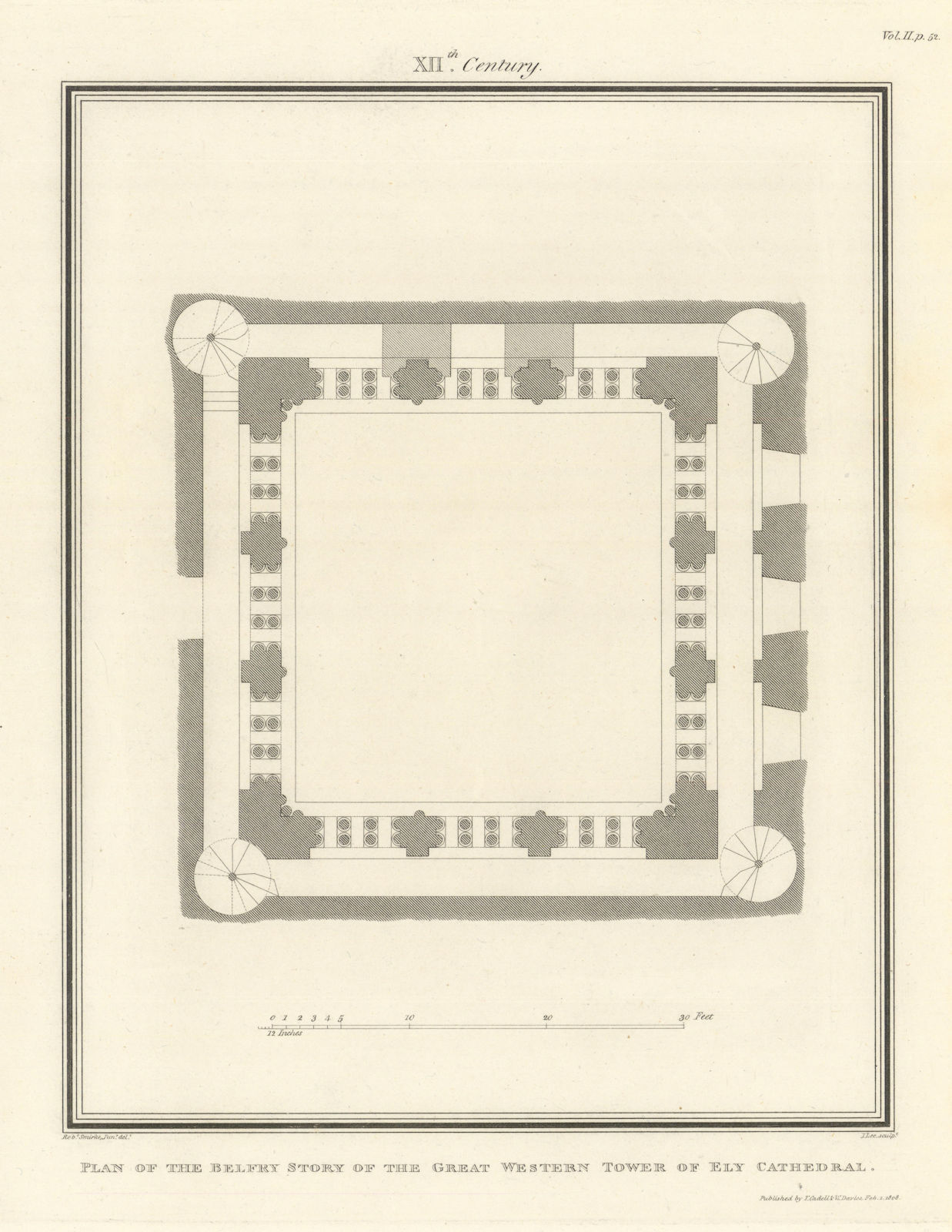 Plan of the belfry storey, Great Western Tower of Ely Cathedral. SMIRKE 1810 map