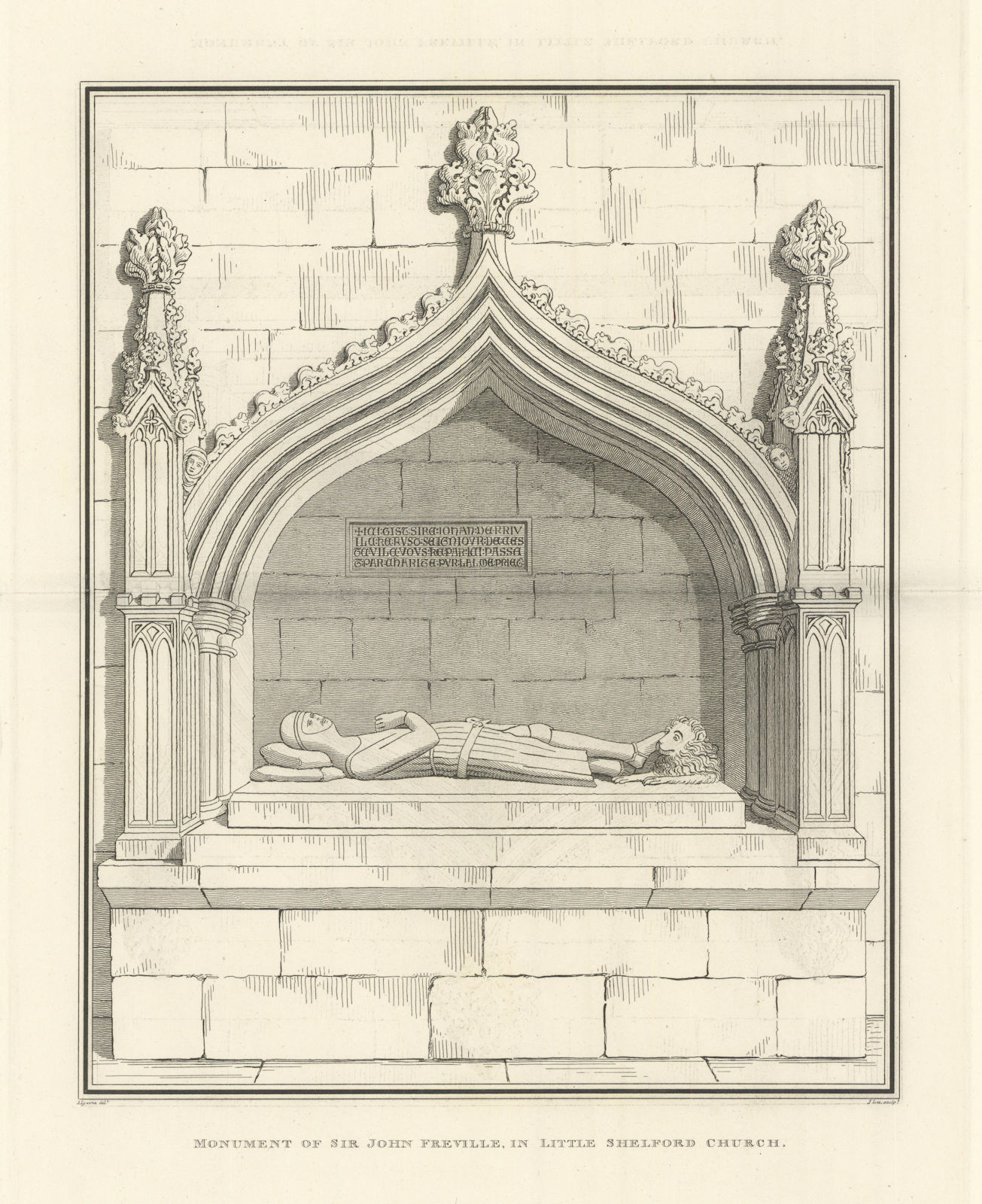 Monument of Sir John de Freville in Little Shelford Church. LYSONS 1810 print
