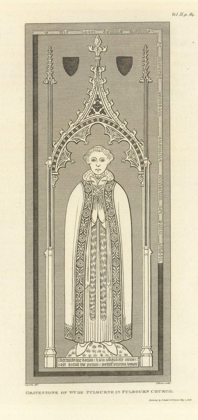 Gravestone of William de Fulburne, in Fulbourn Church. LYSONS 1810 old print