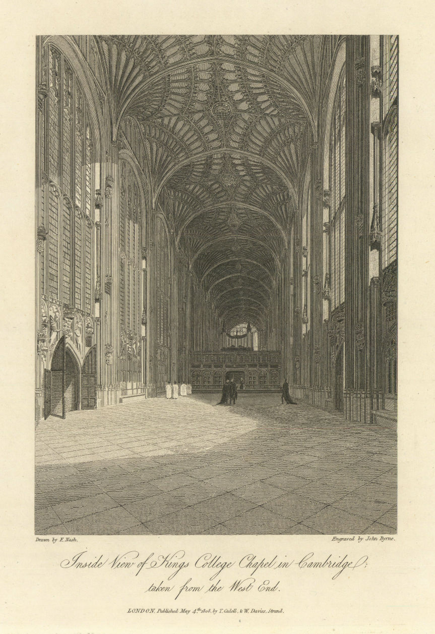Inside view of Kings College Chapel, Cambridge from the West End. NASH 1810