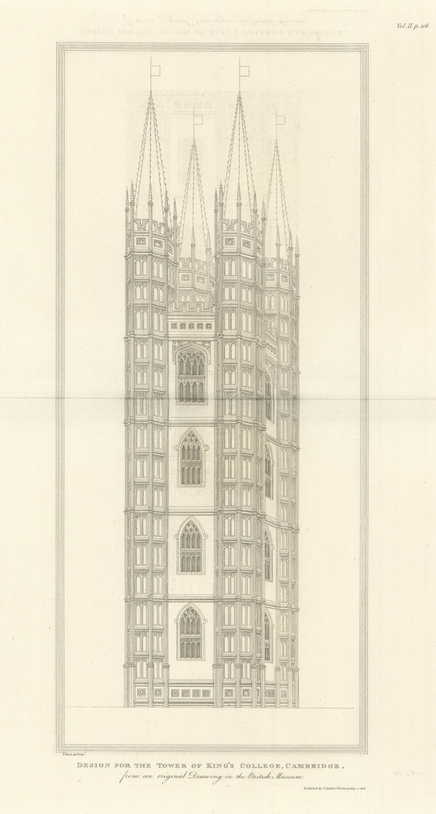 Design for Kings College Tower, Cambridge. NASH 1810 old antique print picture