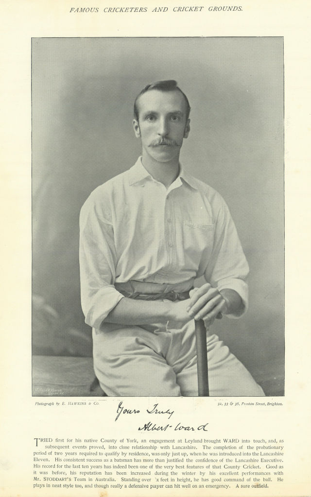 Albert Ward. Opening batsman. Lancashire cricketer 1895 old antique print