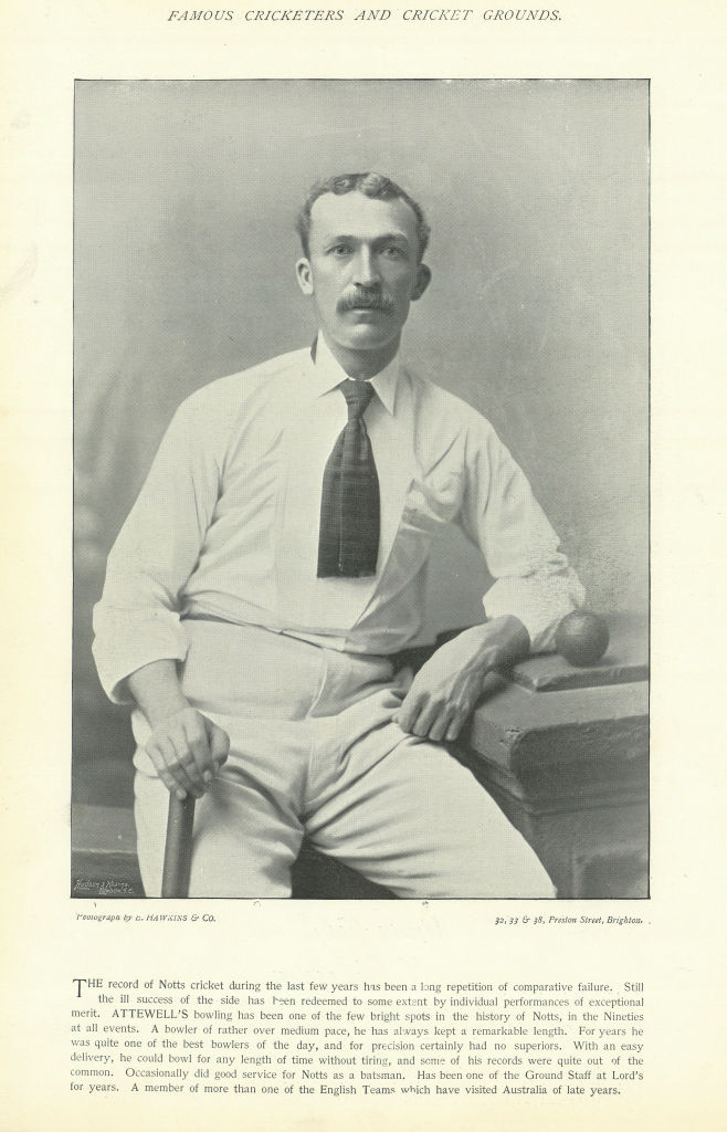 Associate Product William Attewell. Medium-pace bowler. Nottinghamshire cricketer 1895 old print