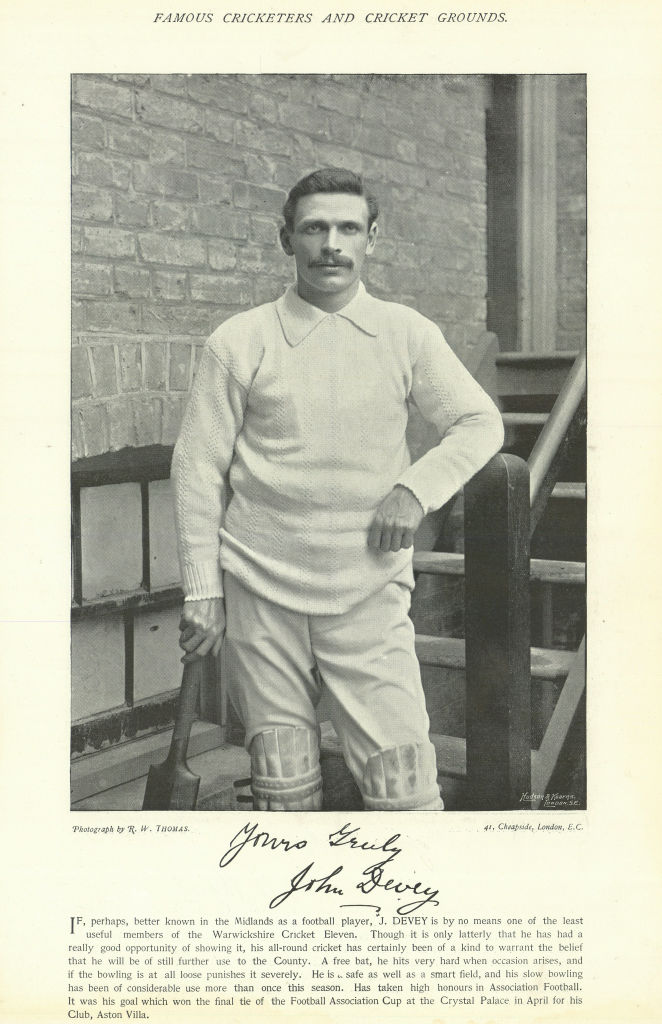 John Devey. Batsman & Aston Villa captain. Warwickshire cricketer 1895 print