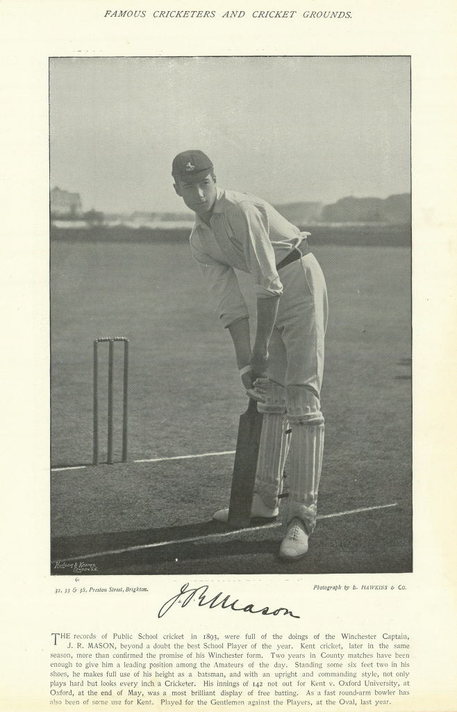 John Richard Mason. All-rounder. Kent cricketer 1895 old antique print picture