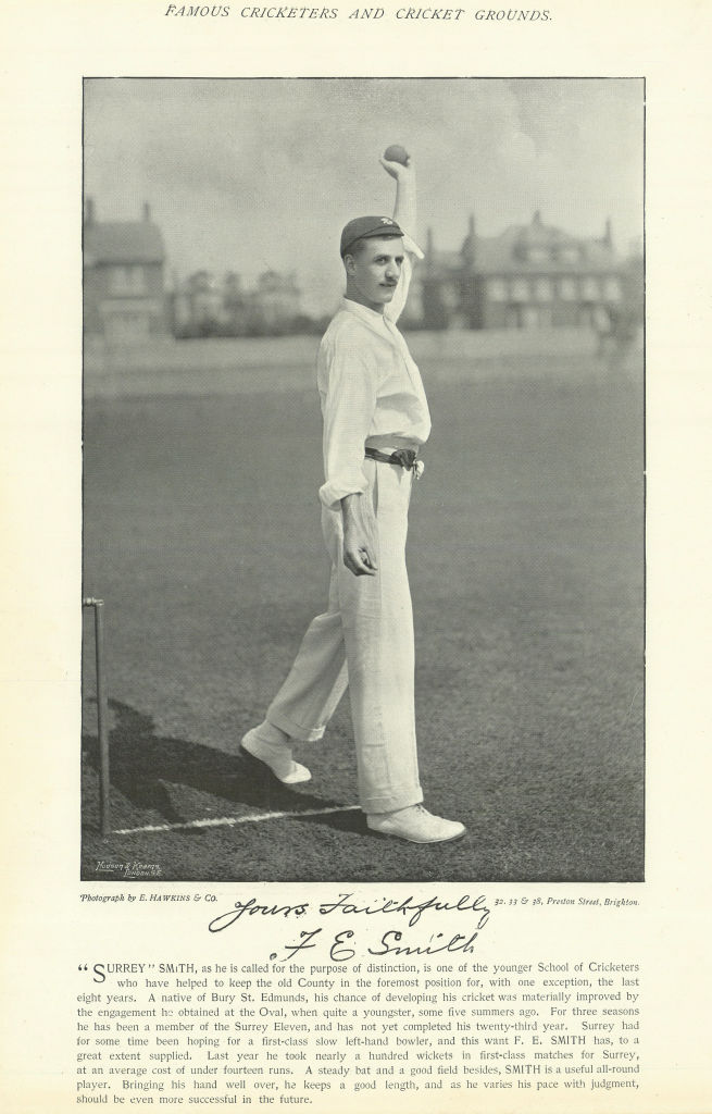 Frank Ernest Smith. Left-arm spin bowler. Surrey cricketer 1895 old print
