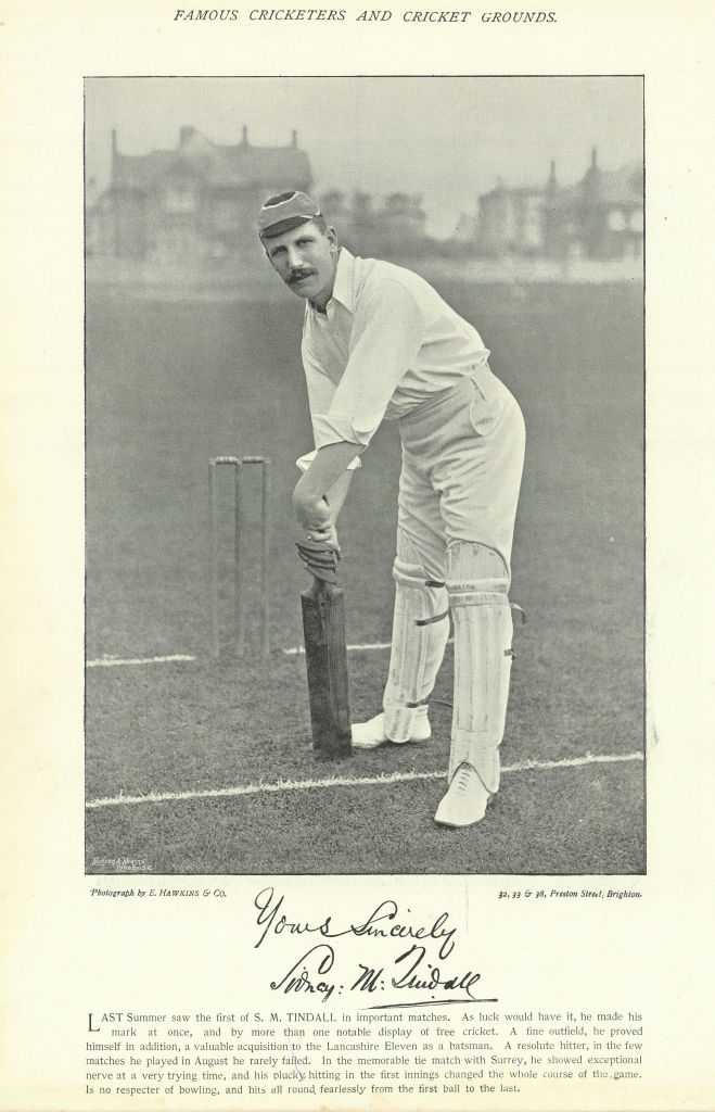 Sidney Maguire Tindall. Batsman. Lancashire cricketer 1895 old antique print