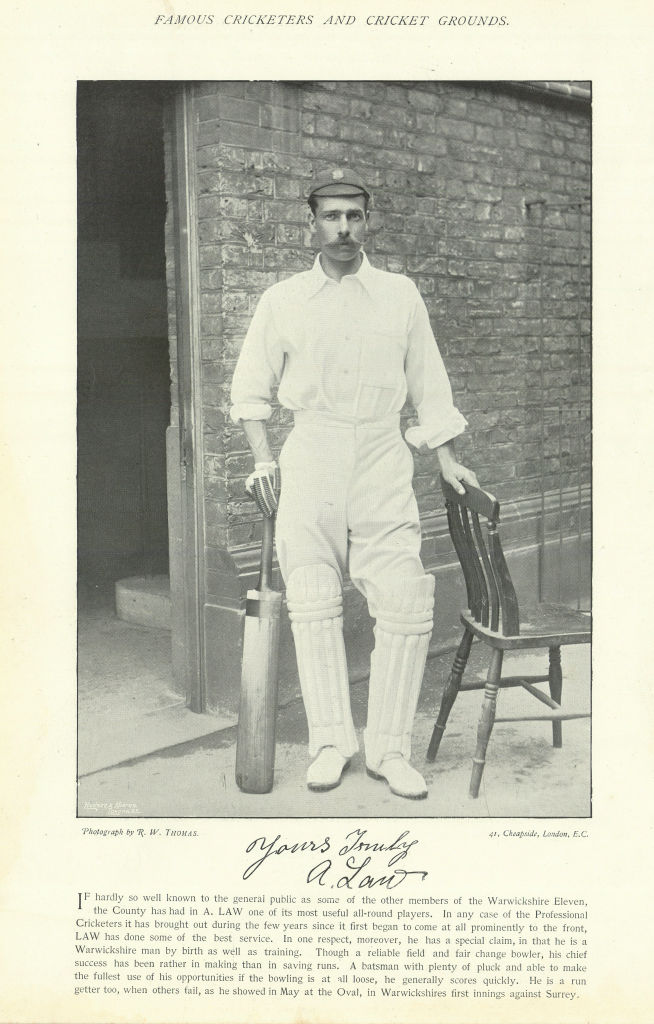 Alfred Law. Batsman. Umpire. Warwickshire cricketer 1895 old antique print