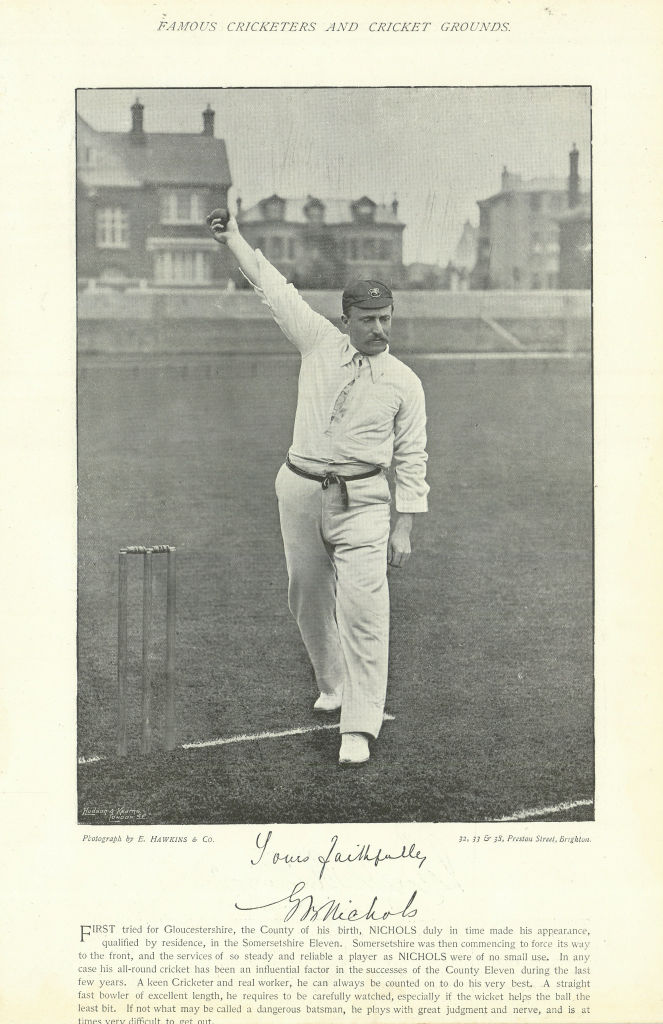 George Nichols. Right-arm fast-medium bowler. Somerset cricketer 1895 print