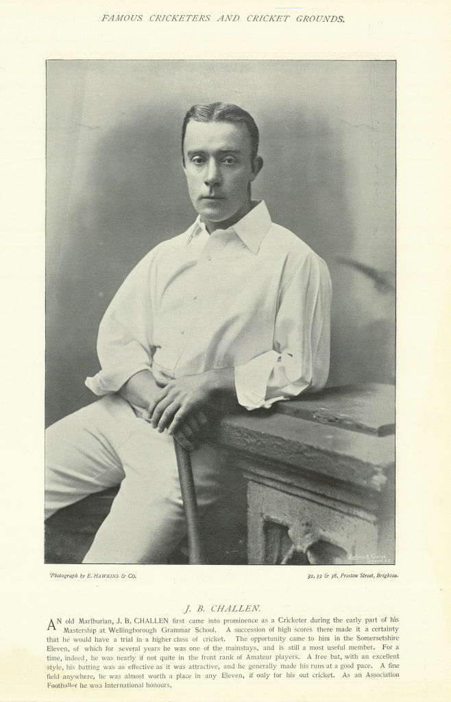 John Bonamy Challen. Batsman. Somerset cricketer 1895 old antique print