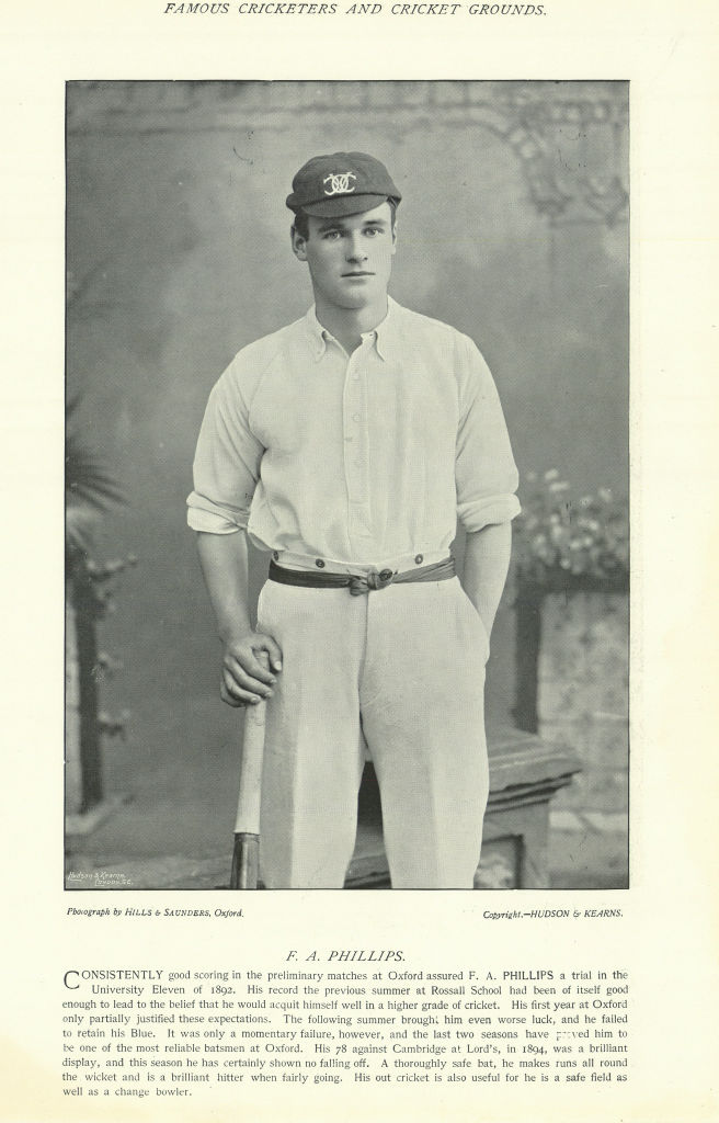 Francis Ashley "Frank" Phillips. Batsman. Oxford cricketer 1895 old print