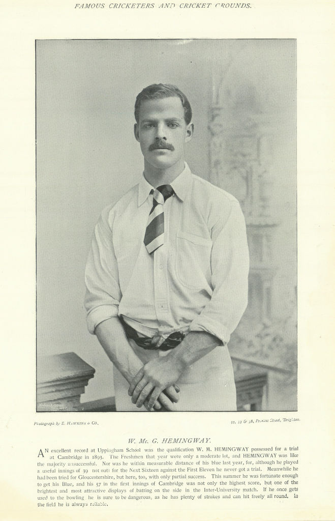 William McGregor Hemingway. Batsman. Cambridge cricketer 1895 old print