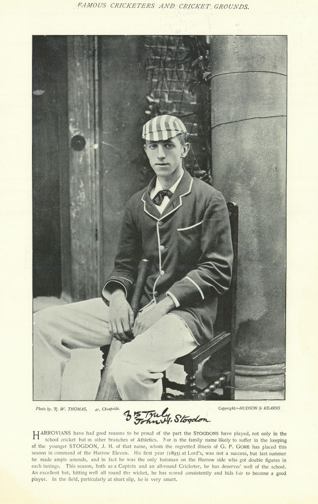 John Hubert Stogdon. Batsman. Harrow cricketer 1895 old antique print picture