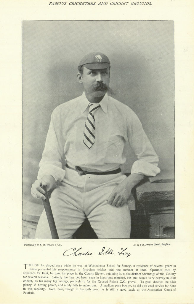Charles John MacDonal Fox. Batsman. Kent cricketer 1895 old antique print