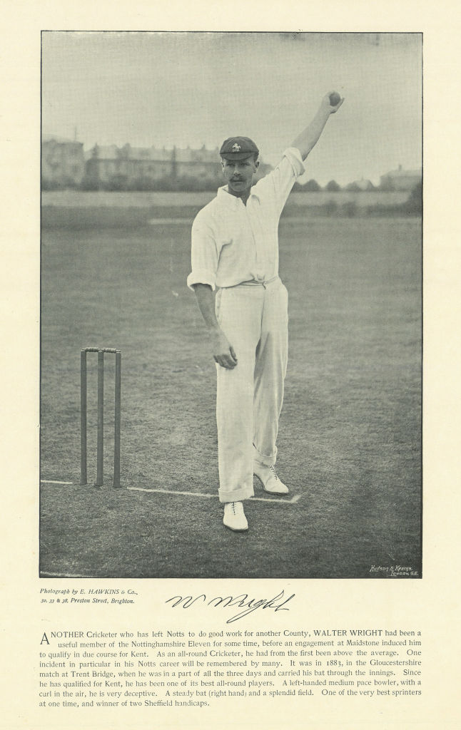 Walter Wright. Left-arm bowler. All-rounder. Kent cricketer 1895 old print