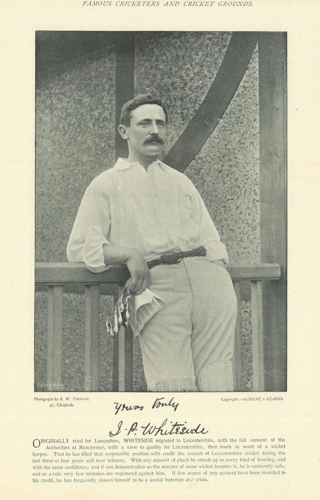 John Parkinson Whiteside. Wicket-keeper. Leicestershire cricketer 1895 print