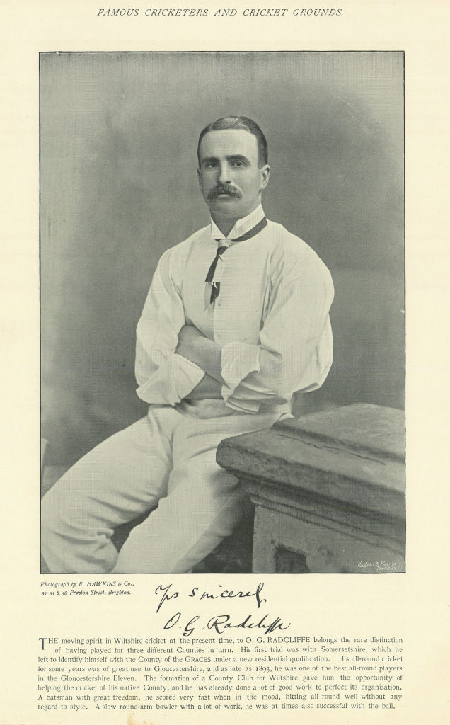 Octavius Goldney Radcliffe. All-rounder. WiItshire cricketer 1895 print