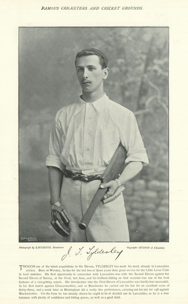 Associate Product Johnny Tyldesley. Middle-order batsman. Lancashire cricketer 1895 old print