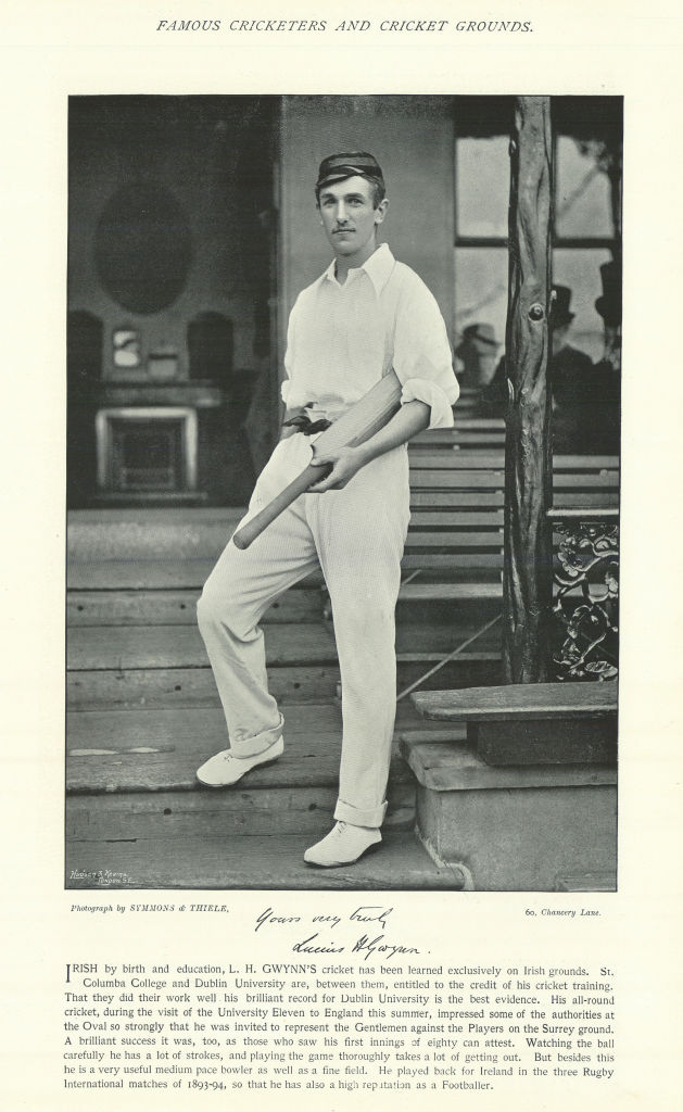 Lucius Henry Gwynn. Batsman. Ireland cricketer 1895 old antique print picture