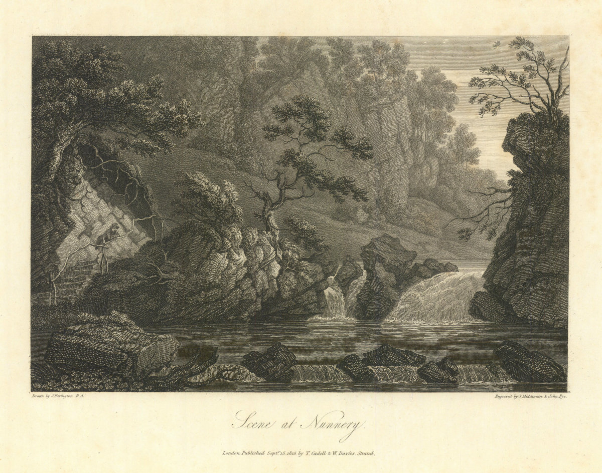 Croglin Water falls at the Nunnery. English Lake District. Cumbria 1816 print