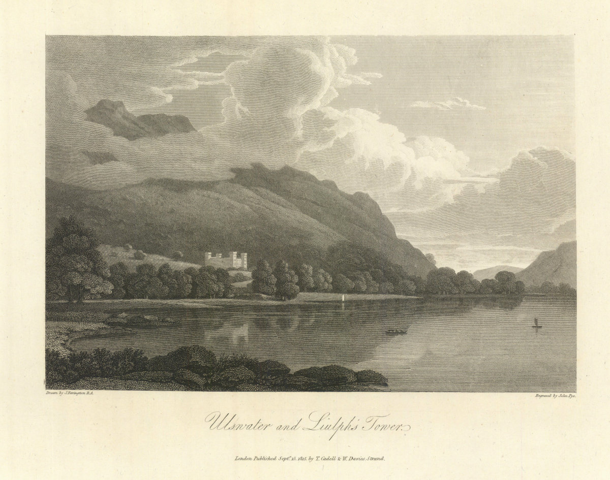 View of Ullswater and Lyulph's Tower. English Lake District. Cumbria 1816