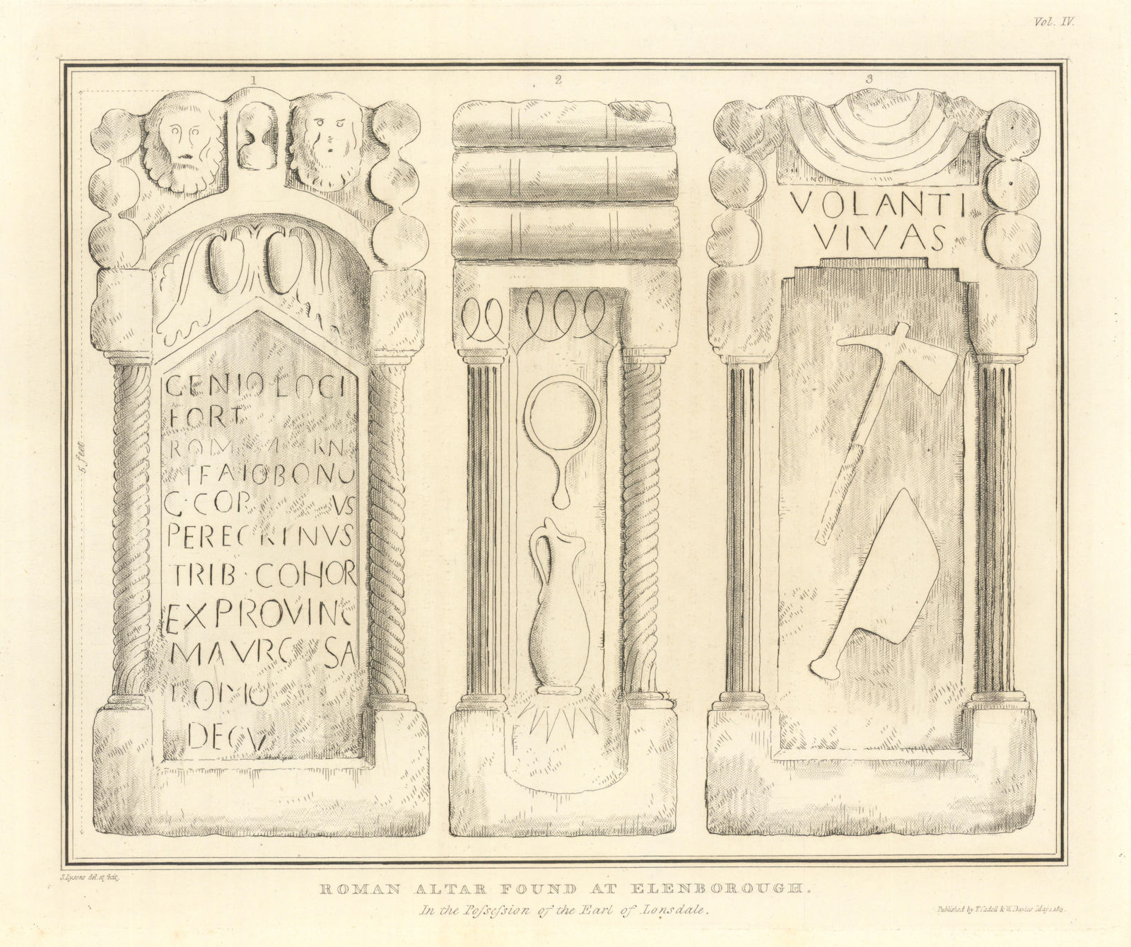 Associate Product Roman altar found at Ellenborough, Maryport. Cumbria 1816 old antique print