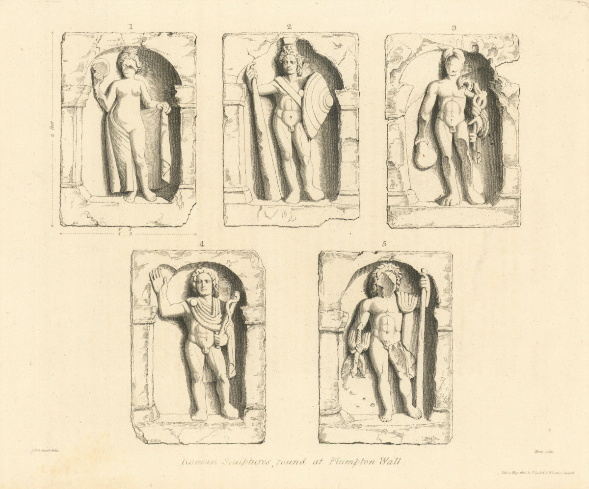 Roman sculptures found at Plumpton Wall, Cumbria 1816 old antique print