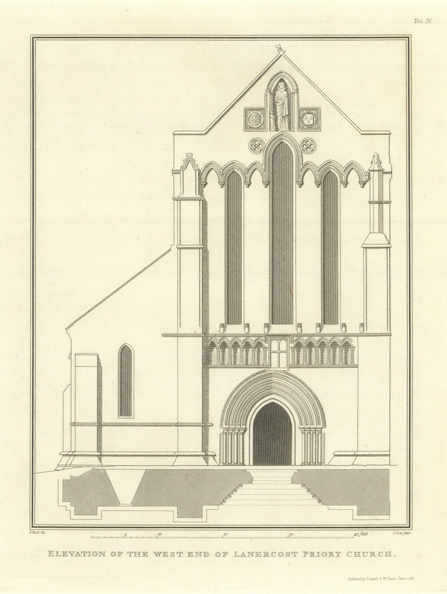 Elevation of the West End of Lanercost Priory Church, Cumbria. NASH 1816 print