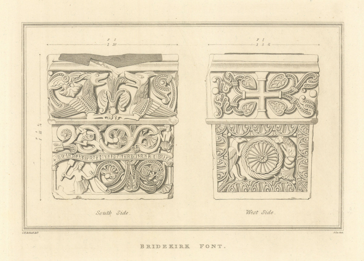 South & west sides of the font of St. Bridget's Church, Bridekirk, Cumbria 1816