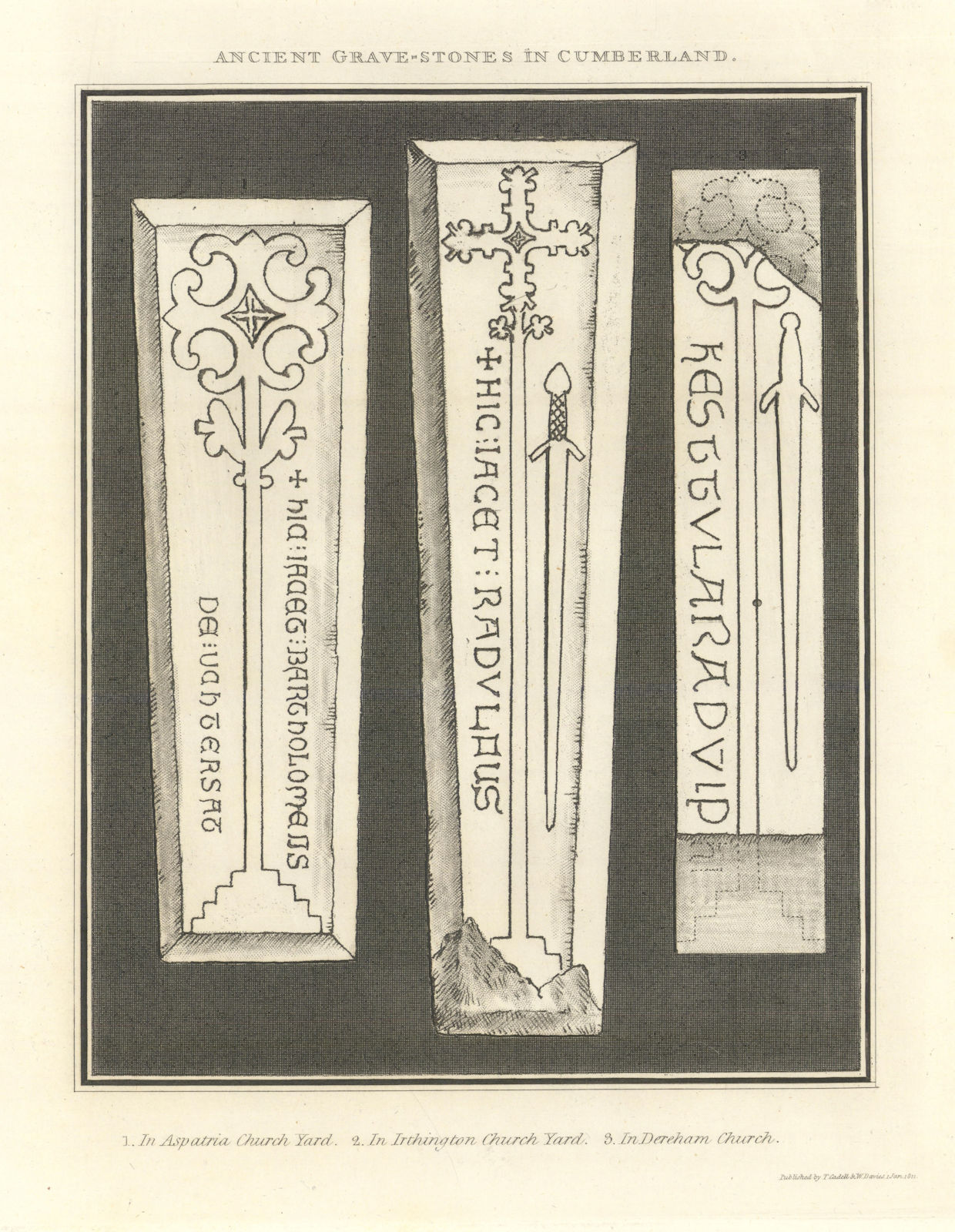 Gravestones in Aspatria, Irthington & Dearham churchyards. Cumbria 1816 print