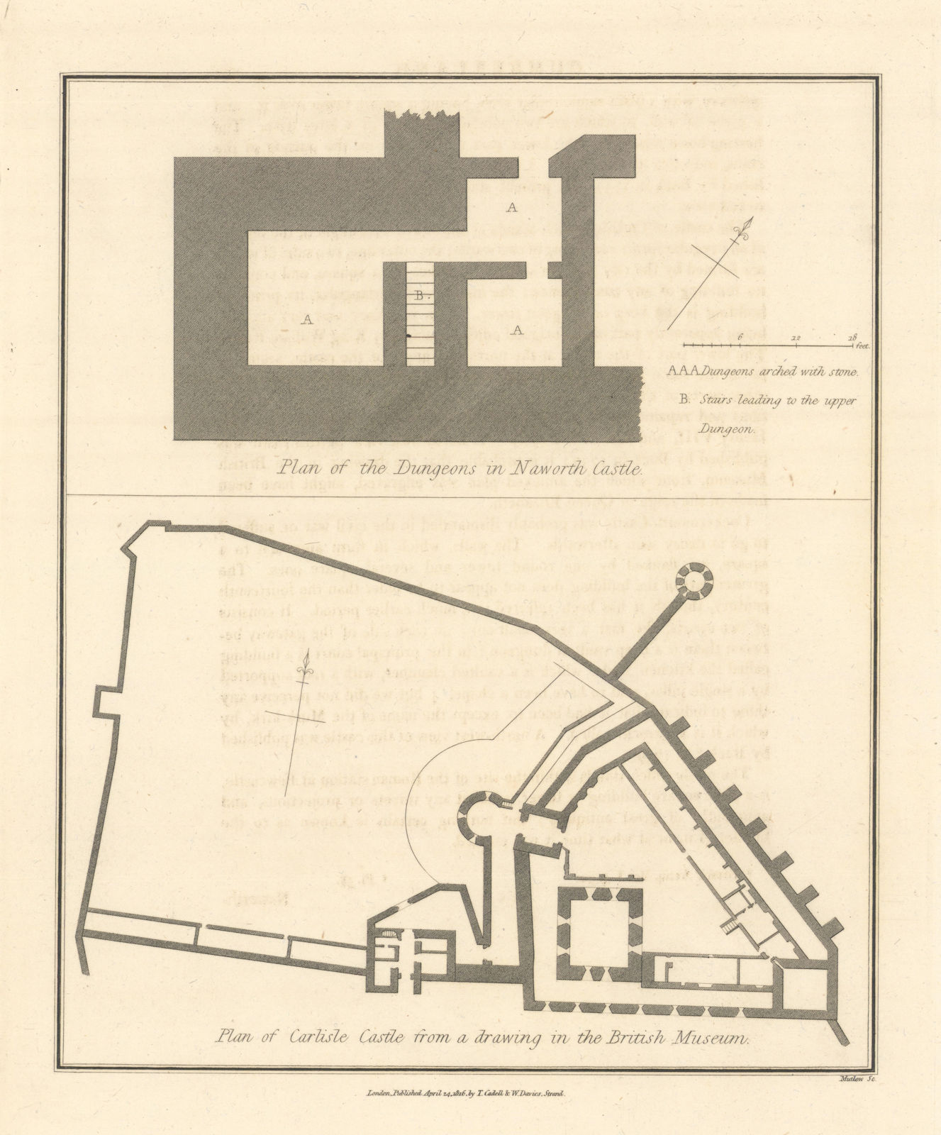 Plan of Carlisle Castle & plan of the dungeons in Naworth Castle 1816 old map