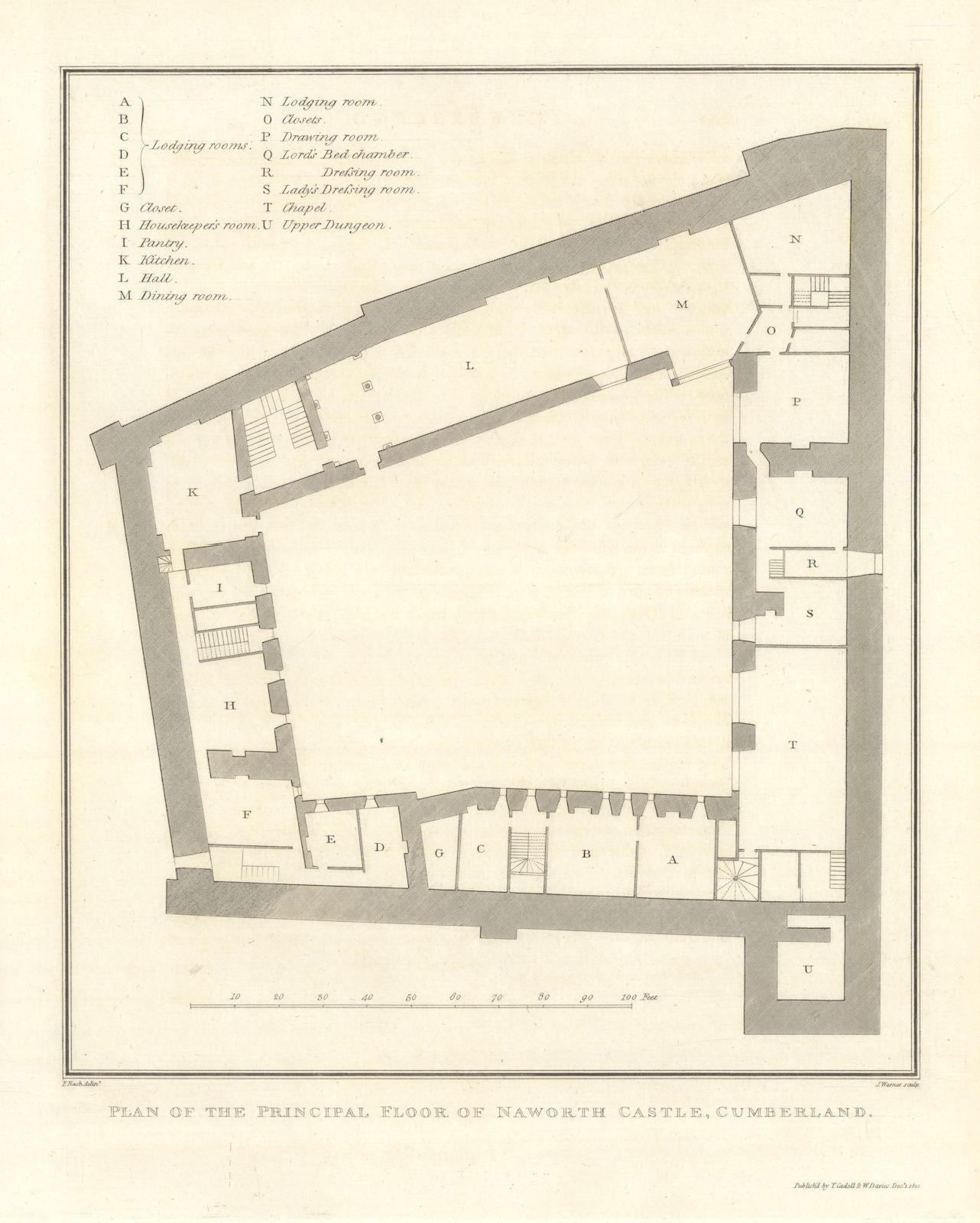 Floor plan of the main floor of Naworth Castle, Cumberland. Cumbria 1816 map