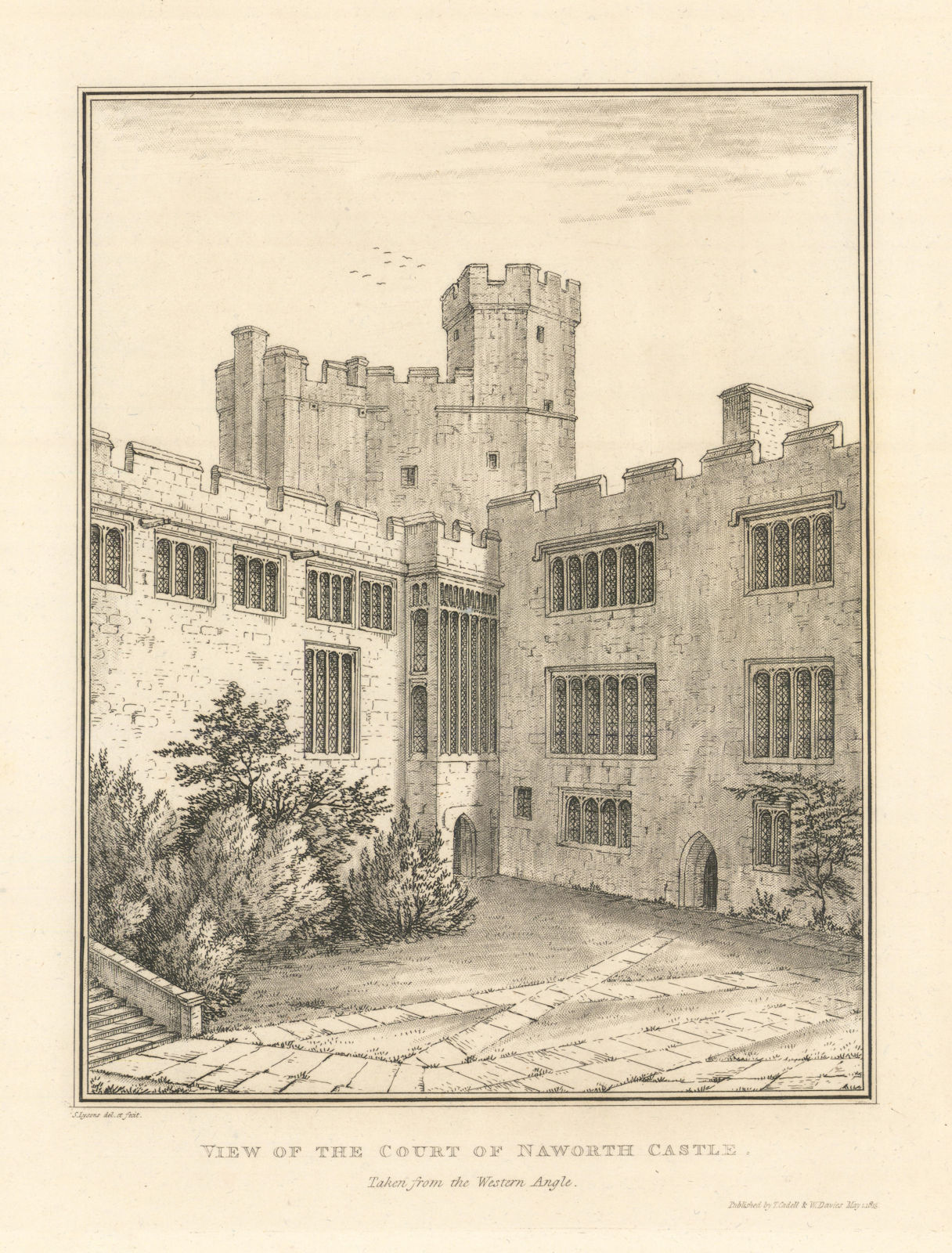View of the Court of Naworth Castle, Cumbria by Samuel Lysons 1816 old print