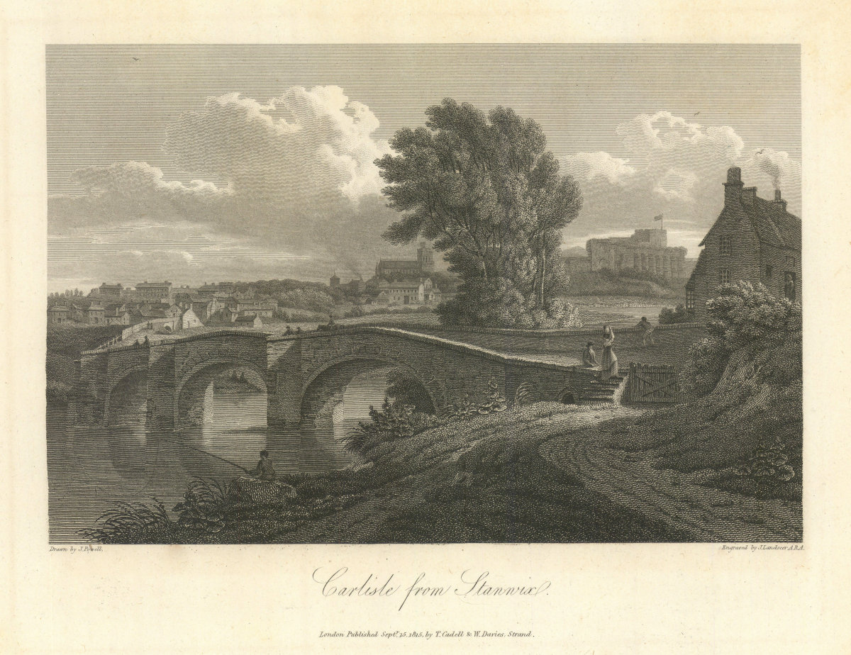 View of Carlisle from Stanwix. Old Eden Bridge. Cumbria 1816 antique print
