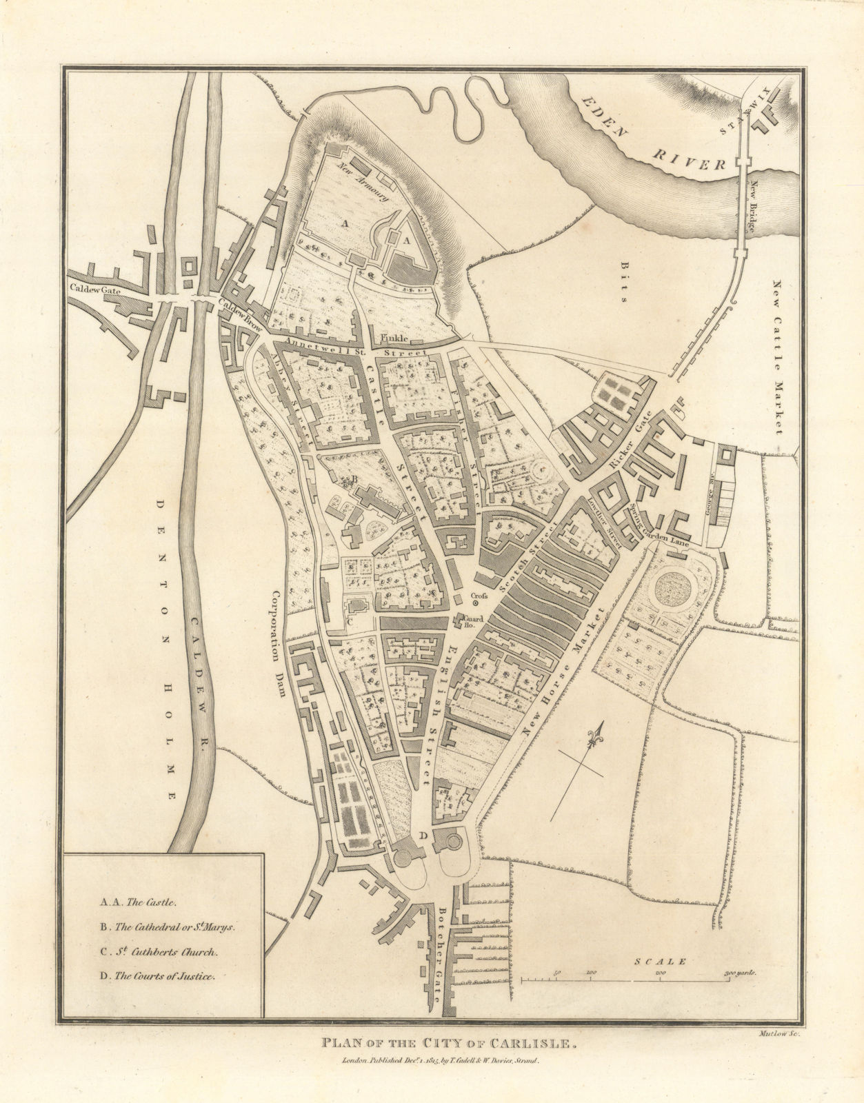 'Plan of the City of Carlisle' by Henry Mutlow 1816 old antique map chart