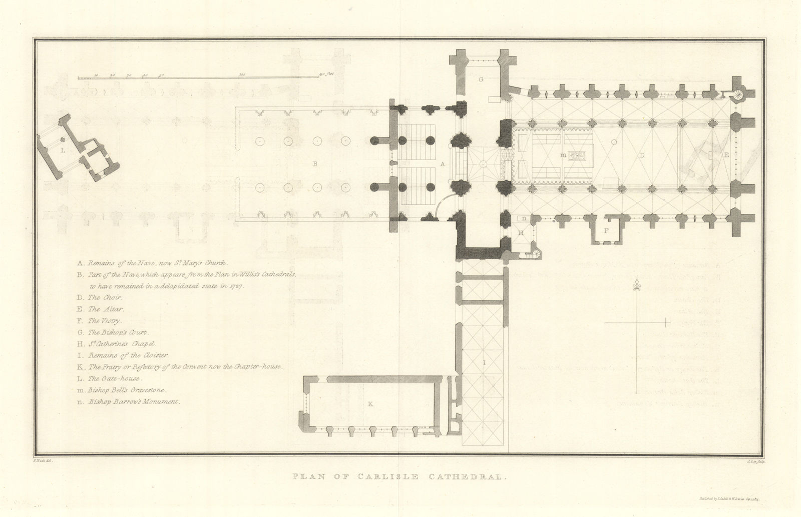 Floor plan of Carlisle Cathedral. NASH 1816 old antique vintage map chart