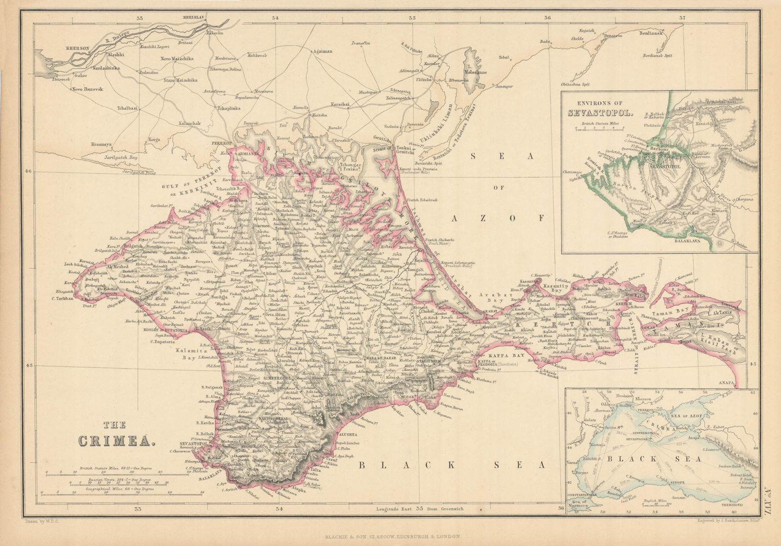 The Crimea & Sevastopol environs by John Bartholomew 1859 old antique map