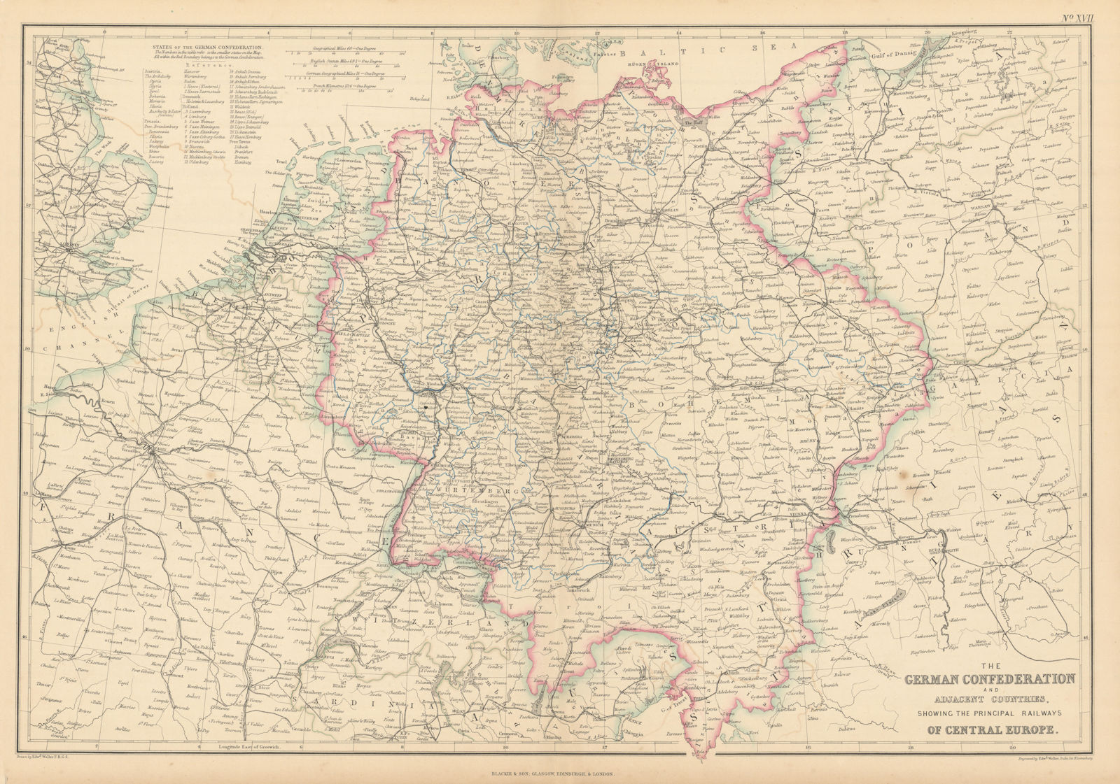German Confederation & Central Europe railways. WELLER 1859 old antique map