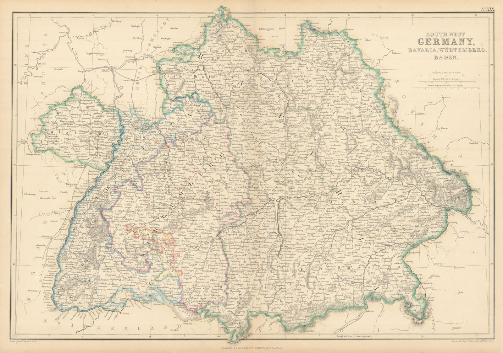 South-West Germany, Bavaria, Würtemberg & Baden. Bayern. WELLER 1859 old map