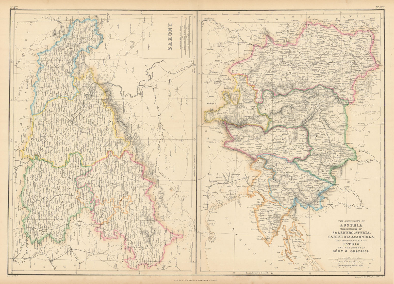 Saxony. Archduchy of Austria. Salzburg, Styria… Slovenia Istria. WELLER 1859 map