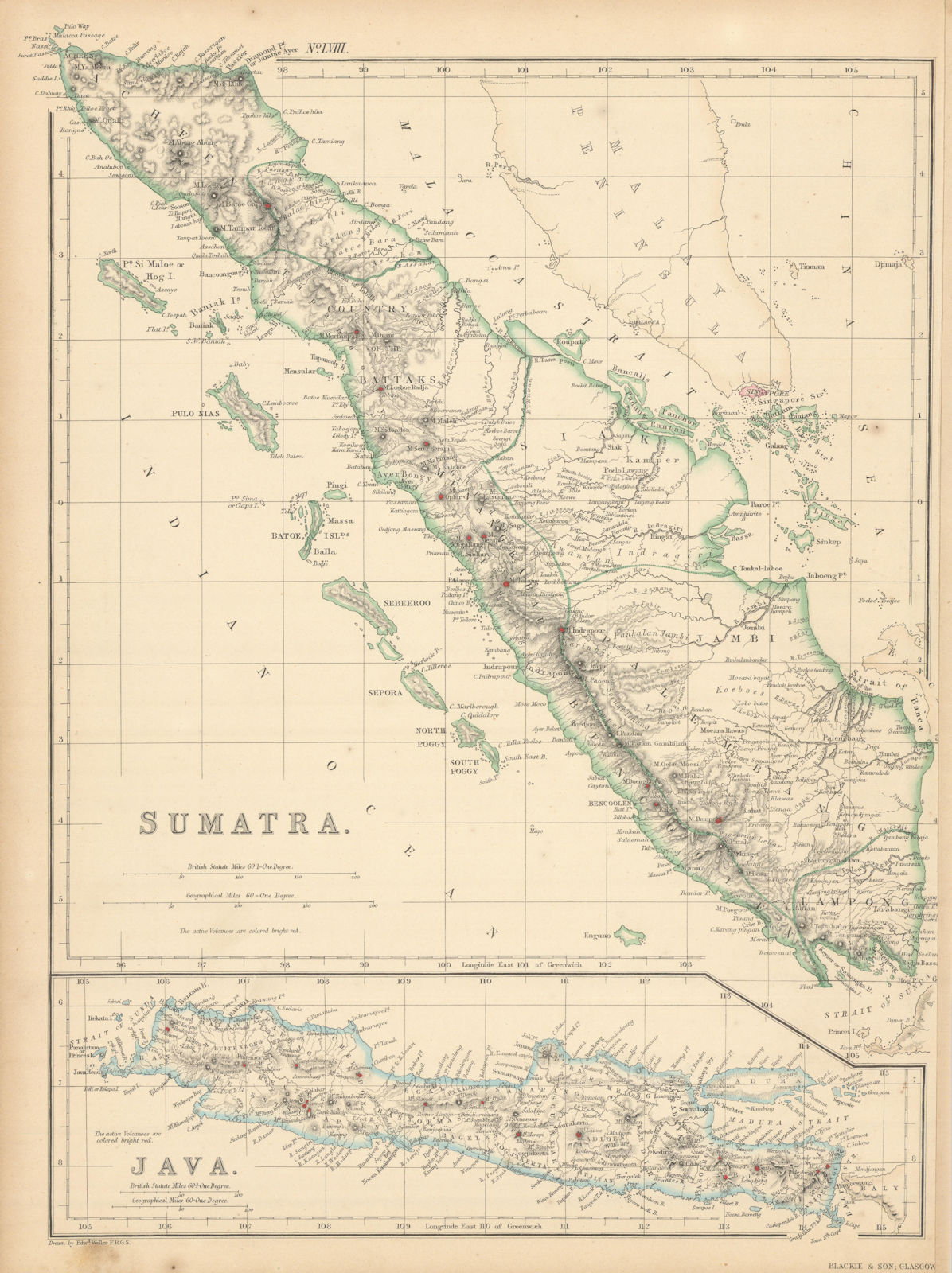 Sumatra & Java showing volcanoes by Edward Weller. Indonesia 1859 old map