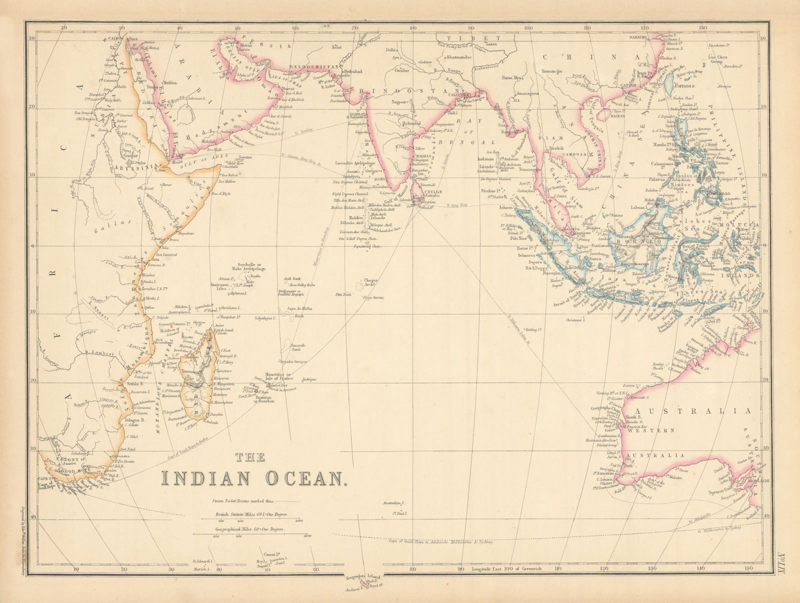 Indian Ocean showing steamer routes to India, China & Australia. WELLER 1859 map