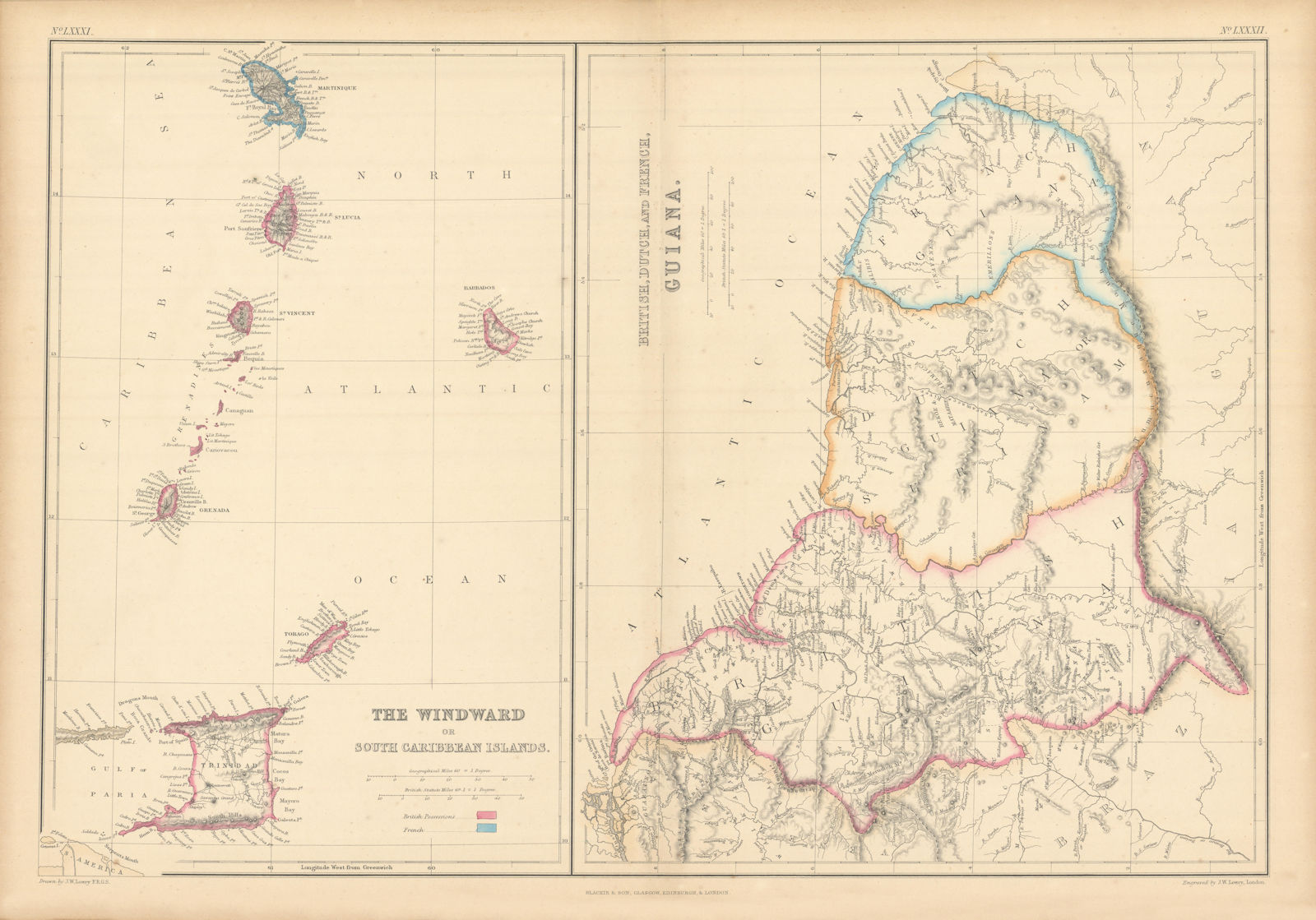 Windward or South Caribbean Islands. Barbados St. Lucia. Guianas. LOWRY 1859 map