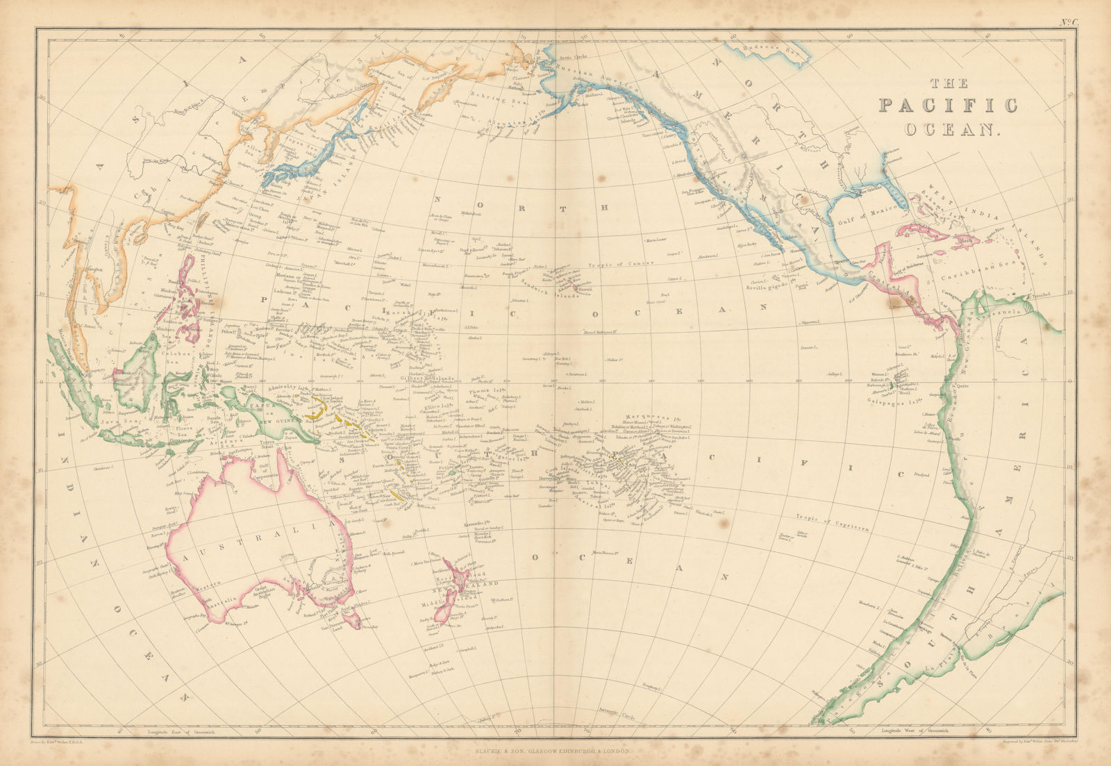 The Pacific Ocean by Edward Weller. Polynesia Micronesia Melanesia 1859 map