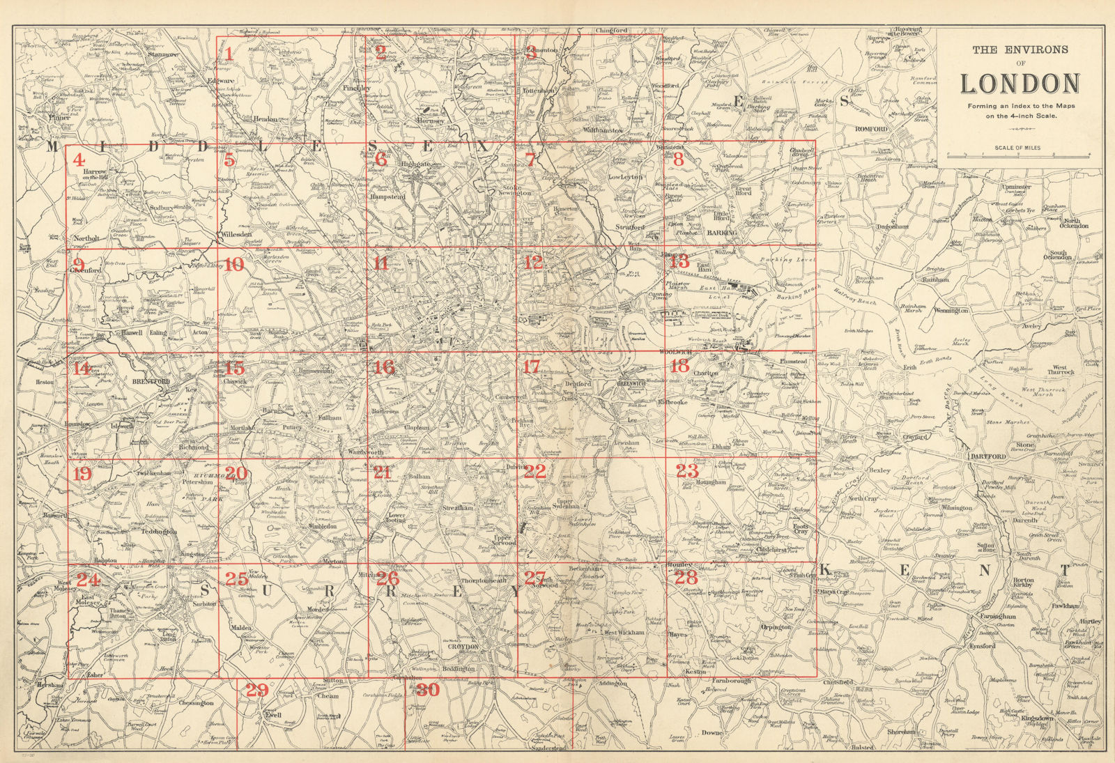 Associate Product GREATER LONDON ENVIRONS. General Index map to 4 inch scale maps. BACON 1900