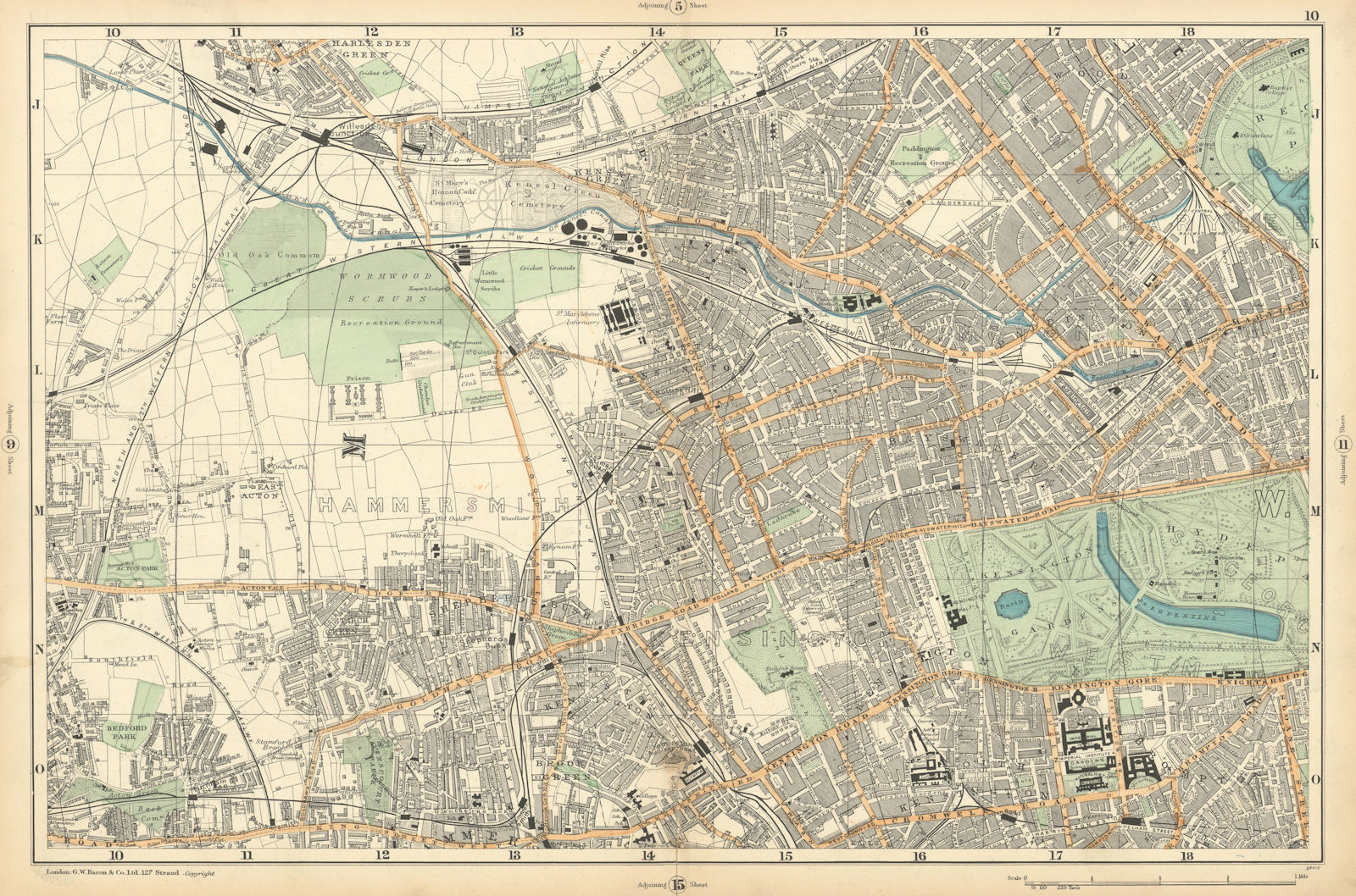 LONDON Notting Hill Kensington St Johns Wd Hammersmith Bayswater BACON  1900 map
