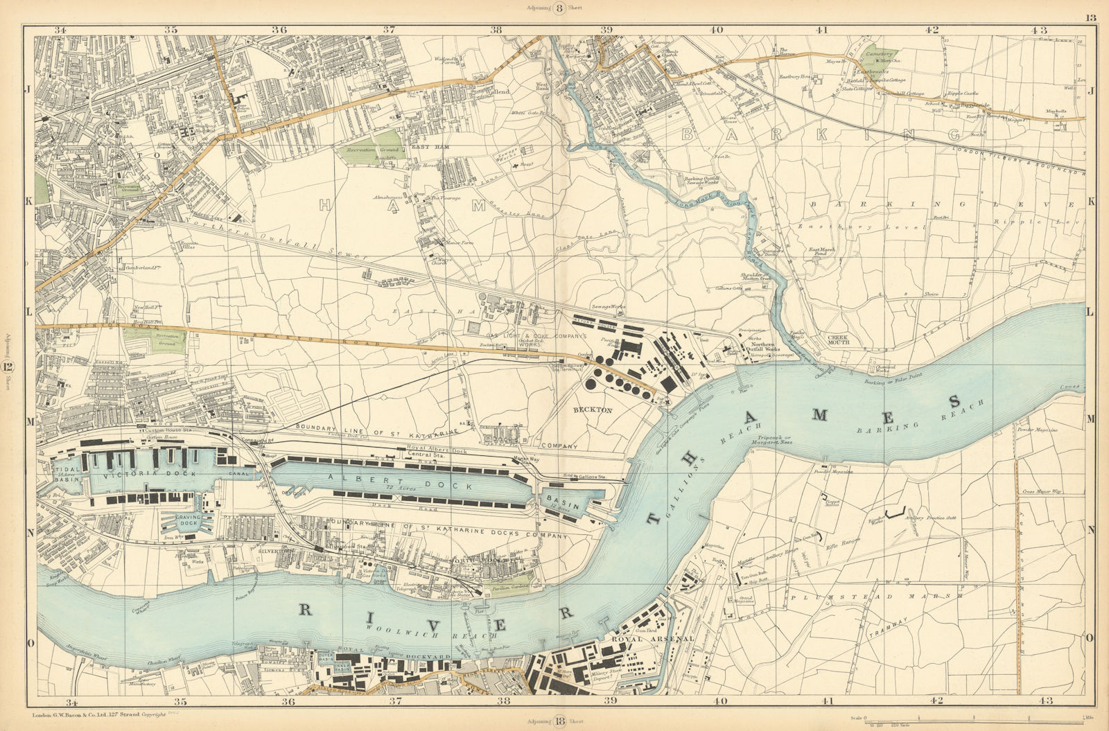 WEST/EAST HAM & BARKING Plaistow Woolwich Thamesmead Beckton. BACON  1900 map