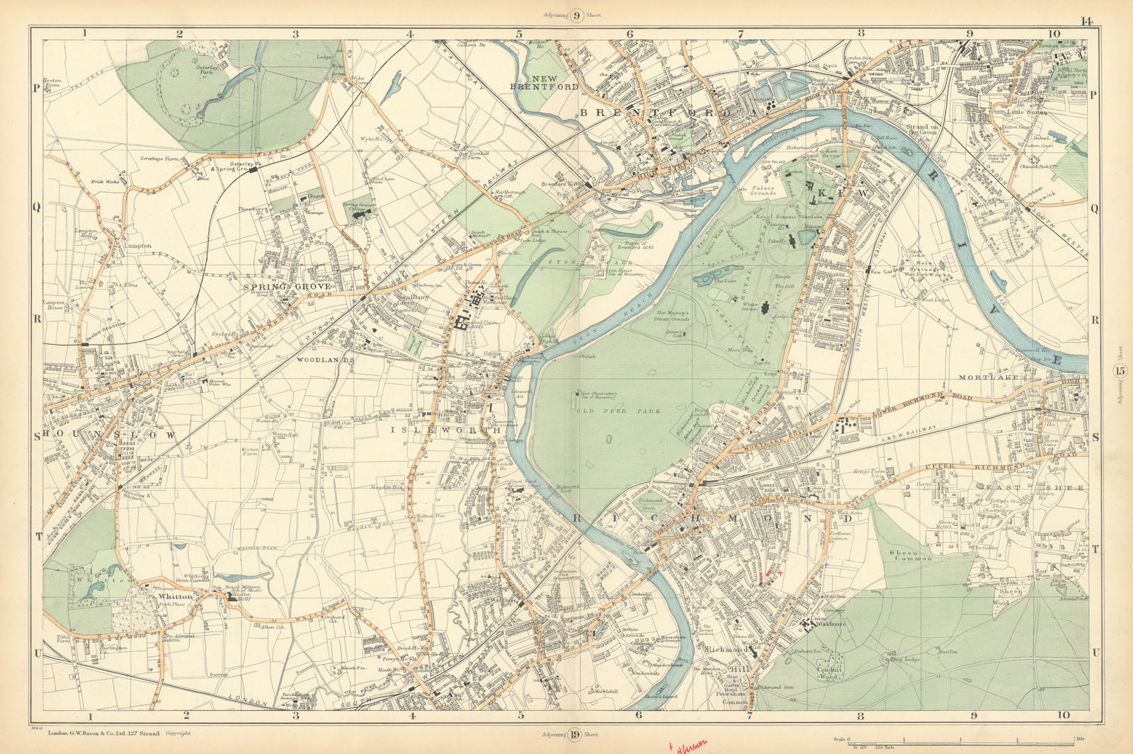 RICHMOND/HOUNSLOW Kew Isleworth Brentford Spring Grove Mortlake. BACON  1900 map